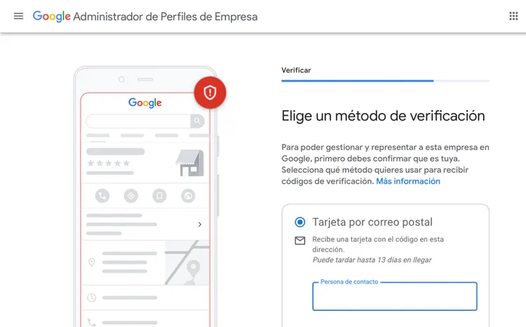 Google Business verificación por tarjeta postal con método seleccionado