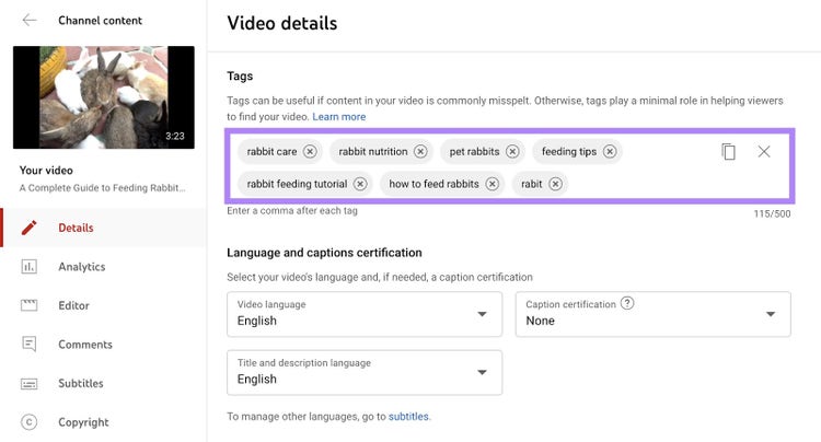 Añadir etiquetas a un vídeo existente en YouTube en la página "Detalles del vídeo".