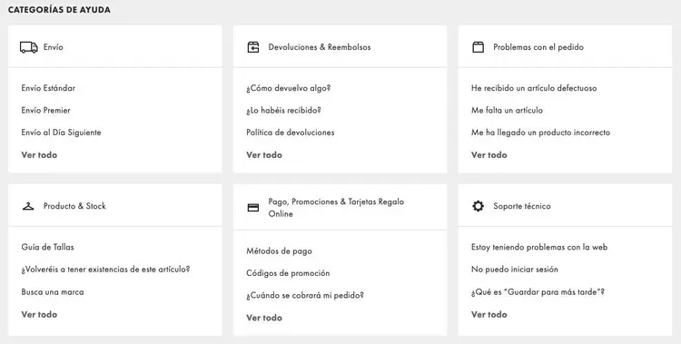 Categorías de FAQ mostrando secciones ayuda tienda online