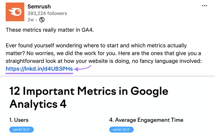 Semrush reutiliza el contenido del blog y lo comparte en LinkedIn