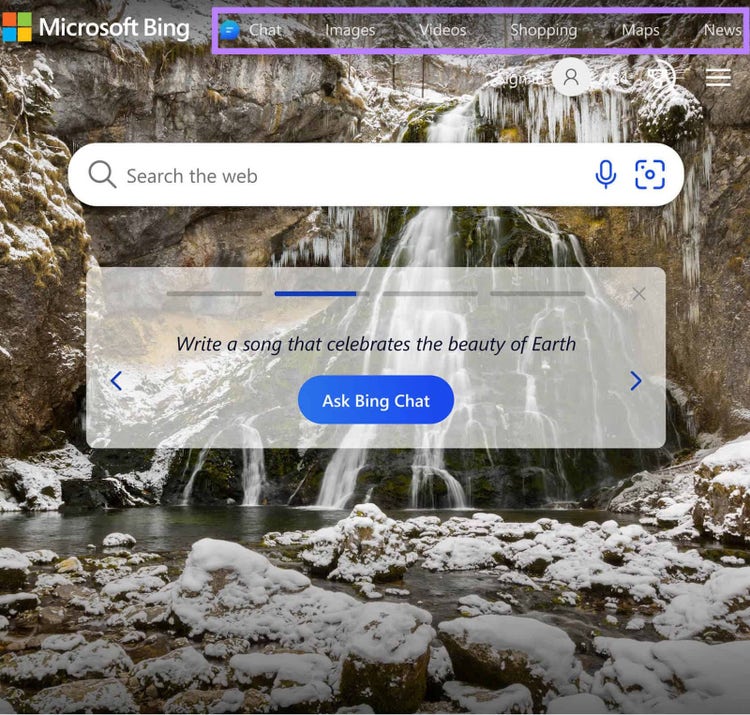 Navegación de nivel superior de la página de inicio de Bing