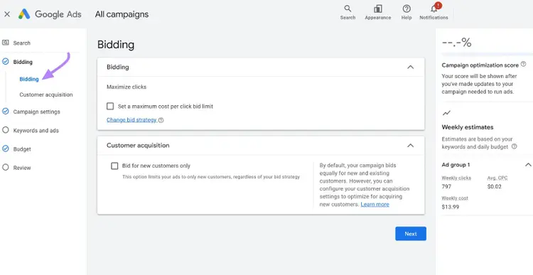 Página "Pujar" en Google Ads