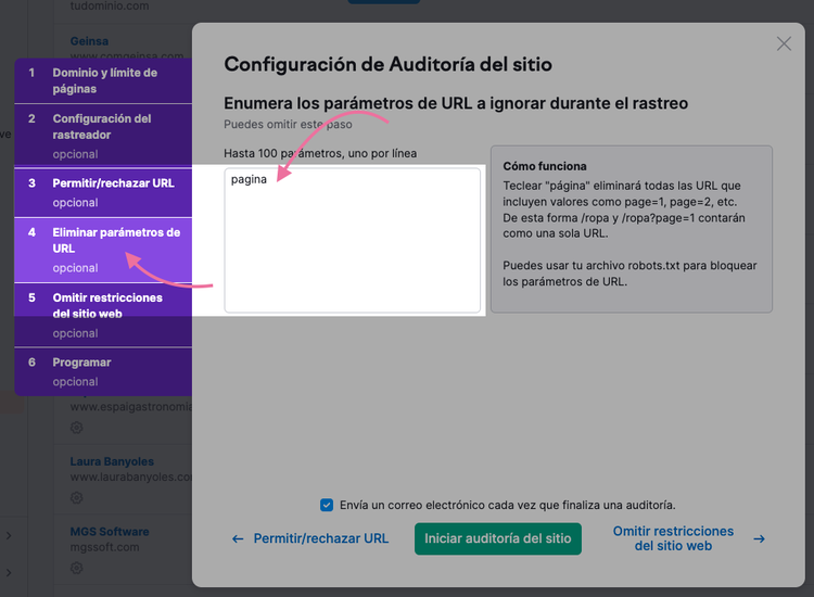 Si quieres excluir los parámetros de paginación menciona "pagina"