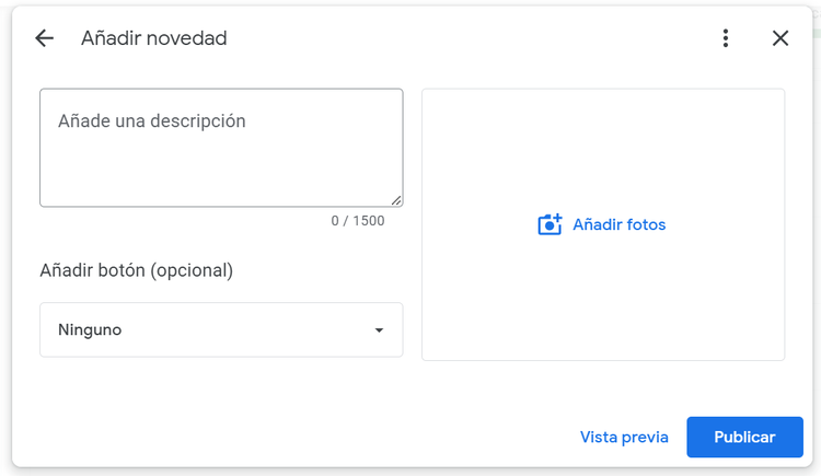 Google Business Posts formulario descripción 1500 caracteres botones