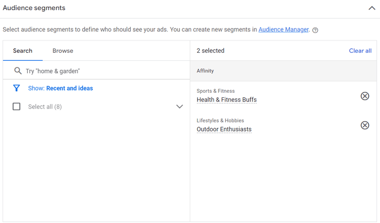 Sección de segmentos de audiencia en Google Ads