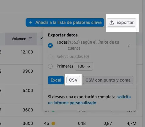 Diálogo exportación de datos con opciones para descargar en Excel o CSV