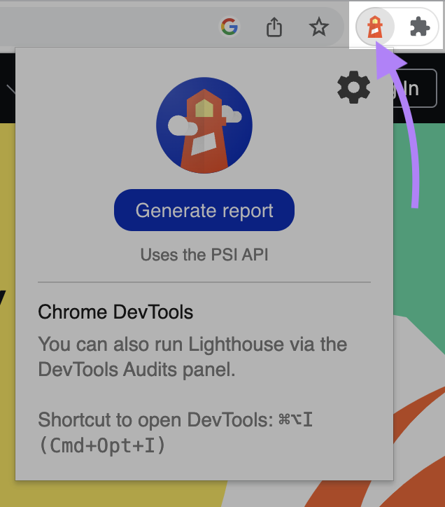 Lighthouse en el menú de extensiones de Chrome