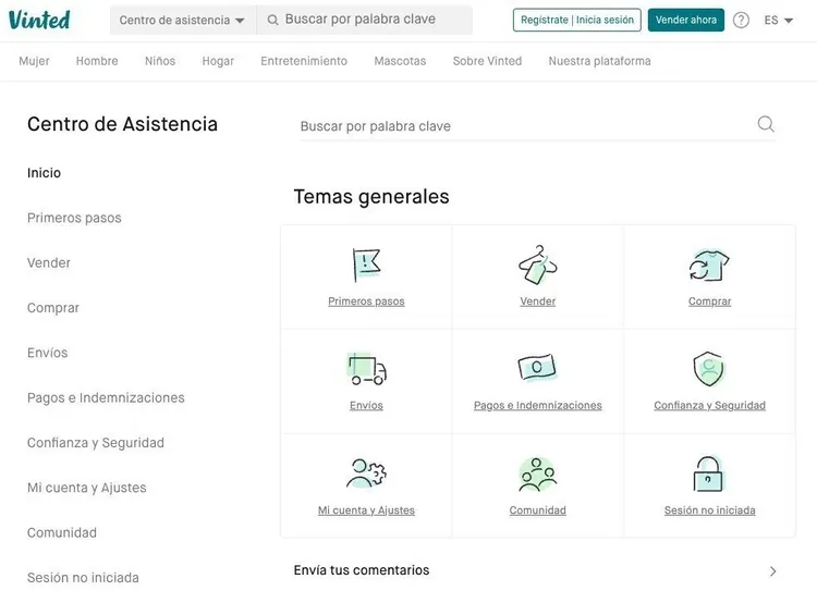Centro asistencia Vinted con categorías ayuda por tema