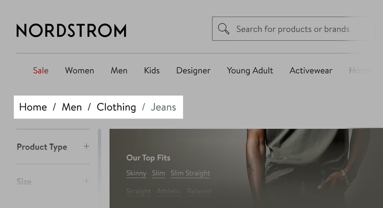 Ejemplo de breadcrumbs de Nordstrom.