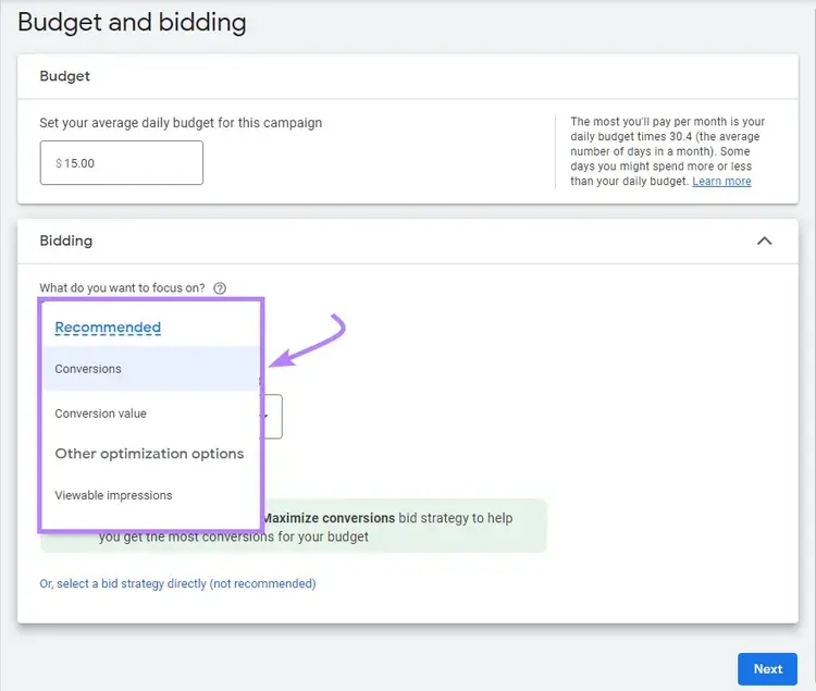 Pantalla "Presupuesto y puja" en la cuenta de Google Ads