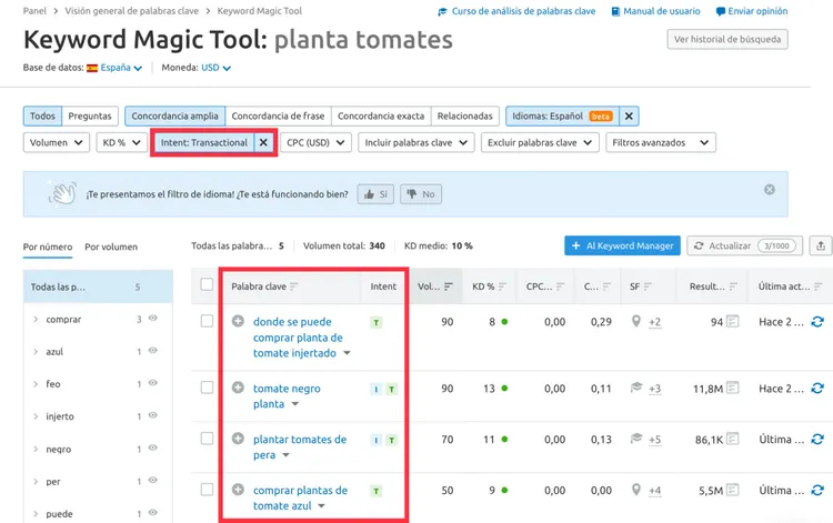 Keyword Magic Tool: filtro intención búsqueda transaccional