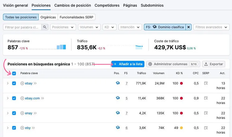 Añadir palabras clave en Semrush