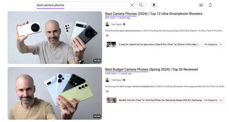 Búsqueda YouTube mejores cámaras teléfono resultados vídeos reseña