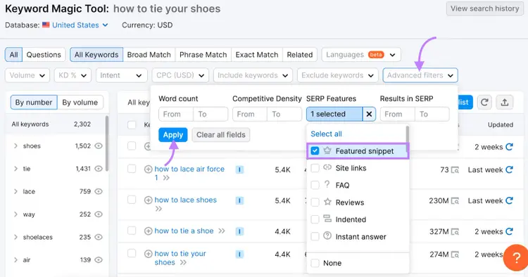 Casilla "Fragmento destacado" seleccionada en los filtros avanzados de Keyword Magic Tool