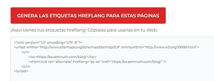 Generated XML sitemap code with hreflang annotations and URL entries