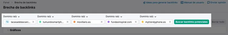 Formulario Brecha de backlinks con campos para múltiples dominios a comparar