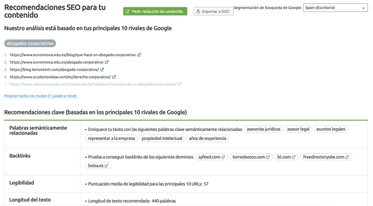 Semrush: recomendaciones SEO basadas en 10 rivales principales de Google