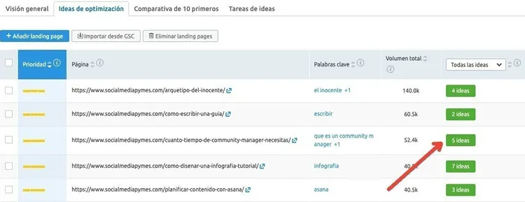 Ideas optimización con URLs, palabras clave y volumen totales landing pages