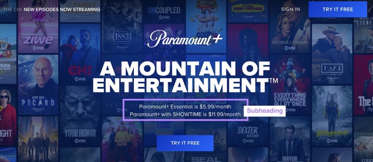 Página de destino de Paramount con subtítulo de opción de precio resaltado sobre un fondo de gráficos de programas de televisión