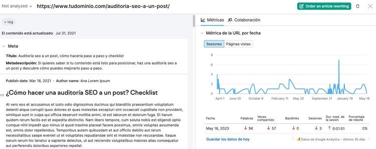 Auditoría del sitio mostrando salud del sitio 45% con errores, advertencias y avisos