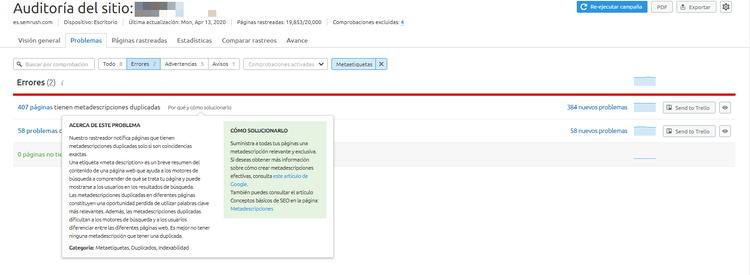 Meta keywords - Meta descripciones en SIte Audit de SEMrush