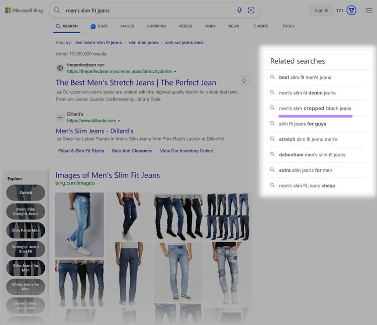 "Búsquedas relacionadas" sección destacada en las SERP de Bing
