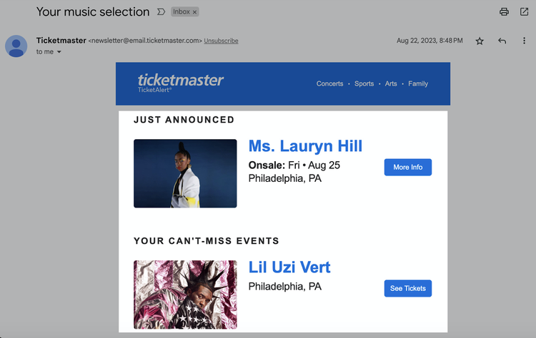 Un correo electrónico de Ticketmaster sugiriendo eventos al usuario