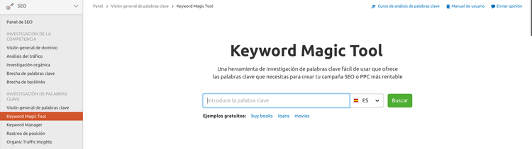 Herramienta Semrush Keyword Magic con volumen 1600 dificultad 37% tabs