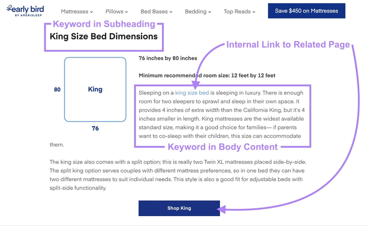Amerisleep utiliza palabras clave y enlaces internos relevantes