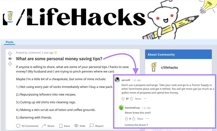 Post Reddit r/lifeHacks sobre consejos personales para ahorrar dinero