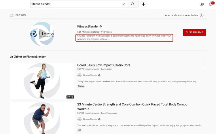 Resultado búsqueda YouTube canal FitnessBlender con videos ejercicio