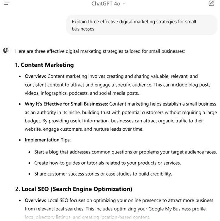 Interfaz de ChatGPT mostrando una respuesta a una sugerencia específica, discutiendo tres estrategias de marketing digital efectivas