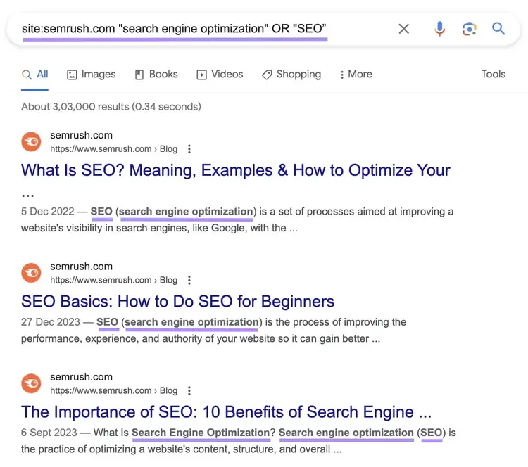 SERP de Google para "site:semrush.com "search engine optimization" OR "SEO"" site search