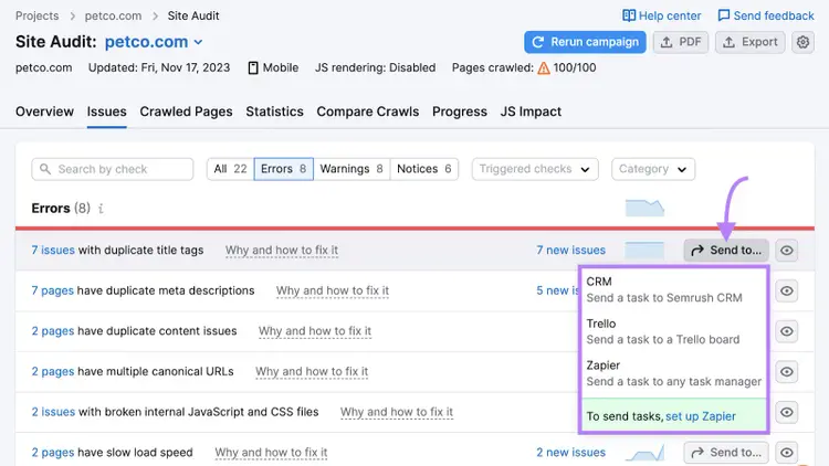 Envía incidencias desde Site Audit a Semrush CRM, tablón de Trello o Zapier