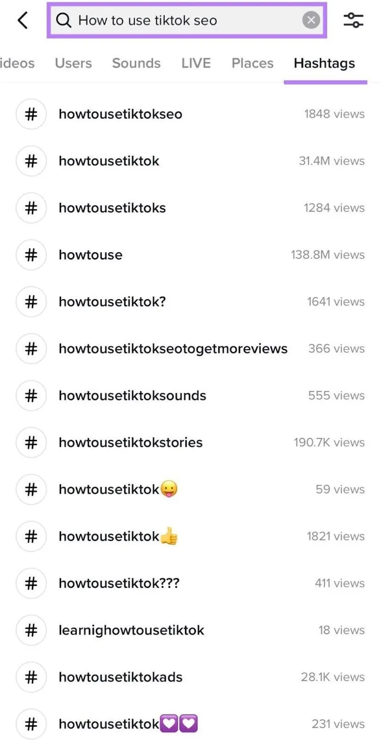 buscando "cómo usar tiktok seo" para encontrar hashtags populares relacionados