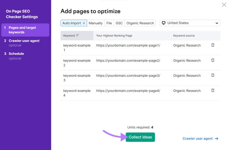 Ventana "Añadir páginas para optimizar" en la Configuración del Comprobador SEO On Page
