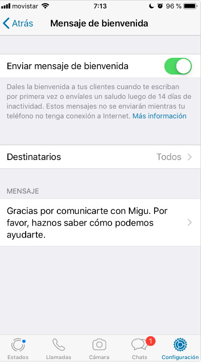 Configuración mensaje de bienvenida en WhatsApp Business