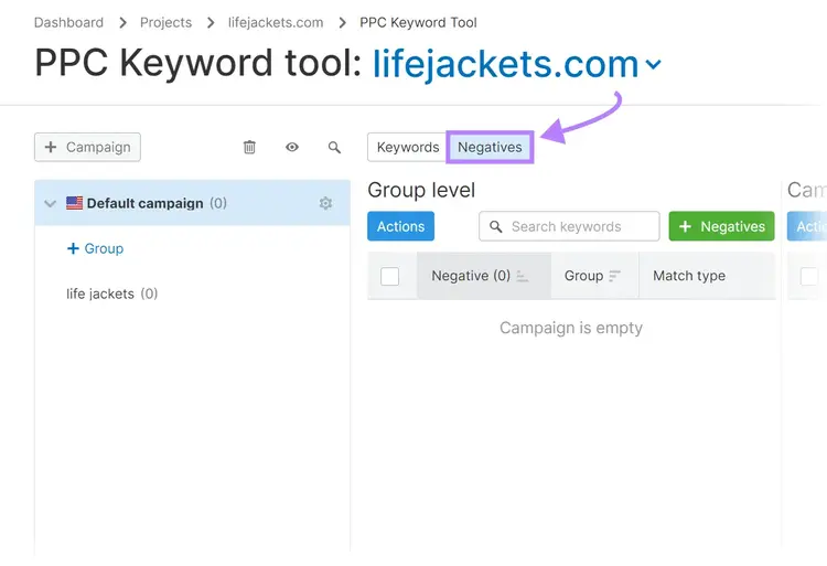 "Opción "Negativos" seleccionada en el cuadro de mandos de la Herramienta de Palabras Clave PPC "lifejackets.com