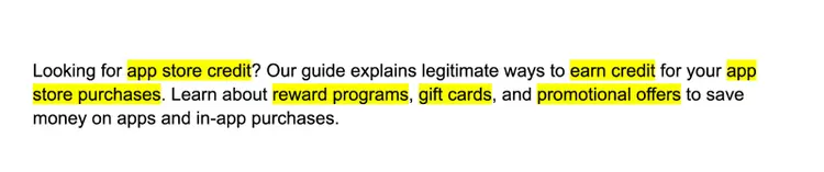 las palabras clave como crédito de la tienda de aplicaciones, ganar crédito, programas de recompensas, tarjetas regalo y ofertas promocionales aparecen resaltadas en un bloque de texto