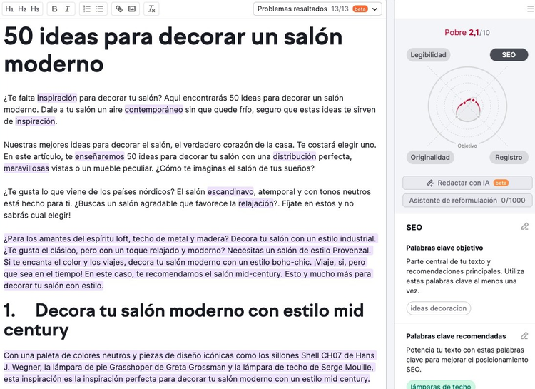 Ejemplo de un artículo en el SEO Writing Assistant de Semrush