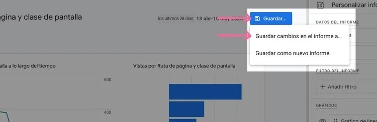 Menú guardar GA4 con opciones para guardar o crear nuevo informe