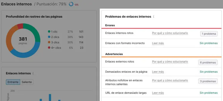 Tabla problemas enlaces internos con errores y advertencias de enlaces