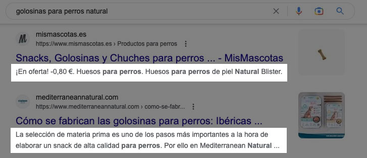 Meta descripciones bajo la etiqueta del título en las SERP