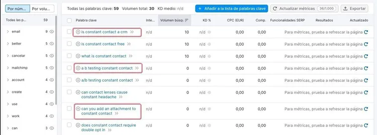 Palabras clave constant contact en tabla Keyword Magic Tool