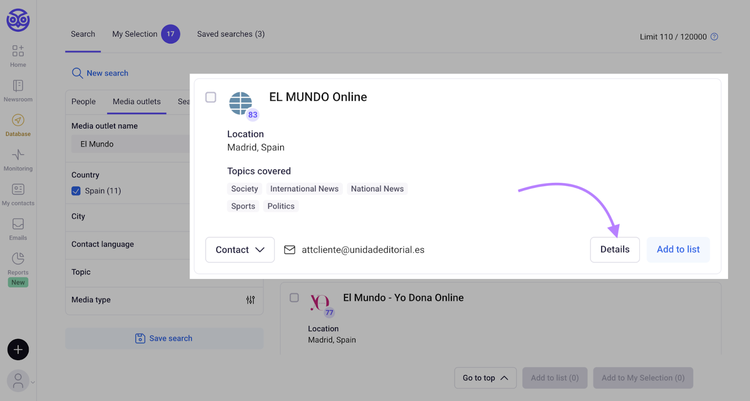 Detalles de outlet de prensa El MUNDO Online con información de cobertura