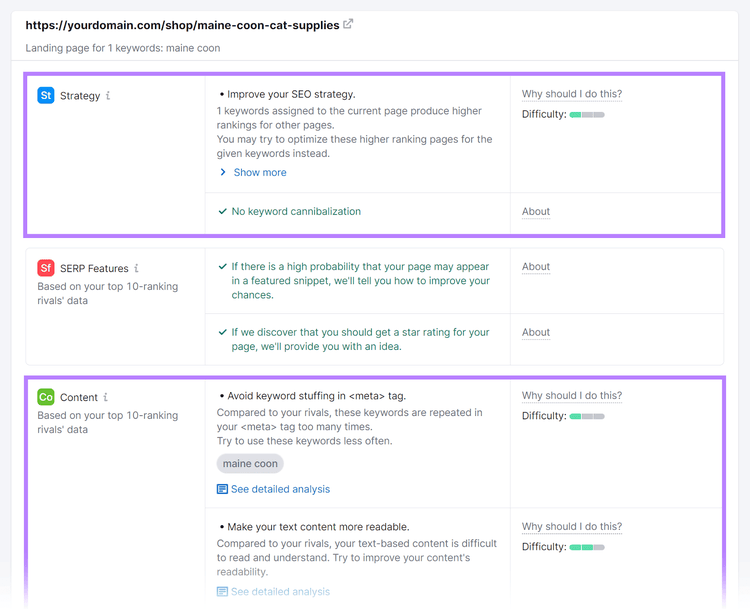 Ideas de optimización para una URL seleccionada, con las categorías de Estrategia y Contenido resaltadas.