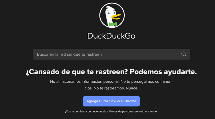 DuckDuckGo: página principal que promete búsqueda sin rastreo de privacidad