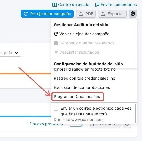 Semrush Site Audit menú ejecutar campaña programar martes guardar