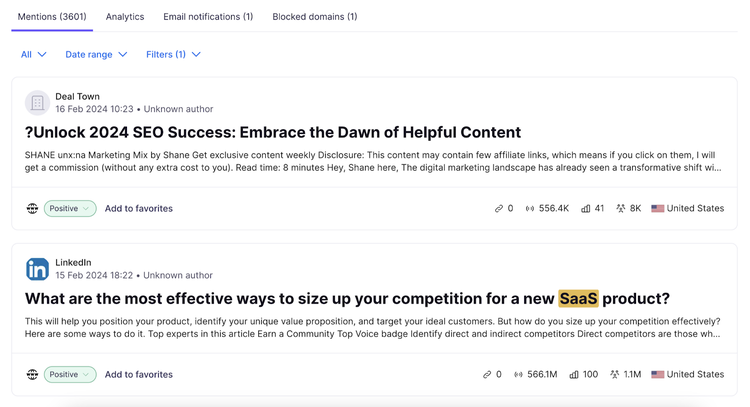 Página "Menciones" en la app Brand Monitoring