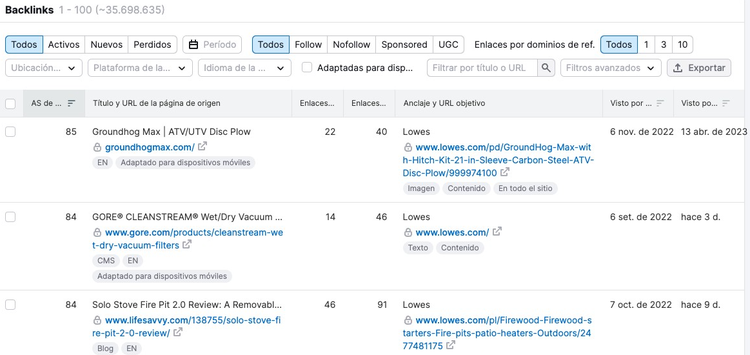 Tabla de backlinks con filtro de enlace Follow/Nofollow destacado